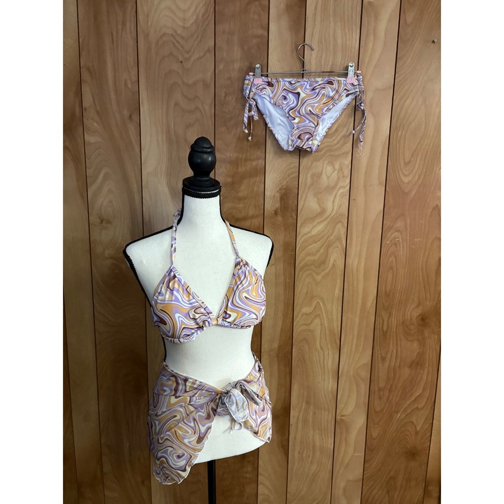 Purple‎ Orange Psychedelic Swirl 3 Piece Bikini Set with Sarong Wrap XS